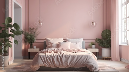 Mockup poster in luxury feminine bedroom, 3d render, Bright color. Generative Ai