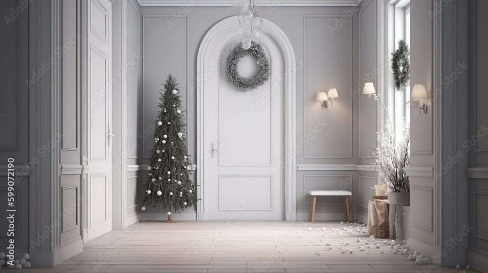 Scandinavian farmhouse hallway interior with Christmas decoration, wall mockup. Generative Ai Scandinavian farmhouse hallway interior with Christmas decoration, wall mockup. Generative Ai