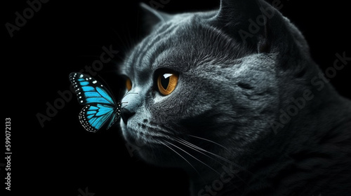 Cat with blue butterfly on a black background.generative ai