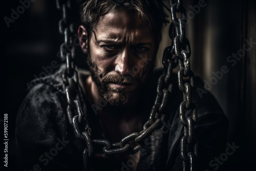 young caucasian adult man chained, chained, prison or enslavement, fictional place. Generative AI