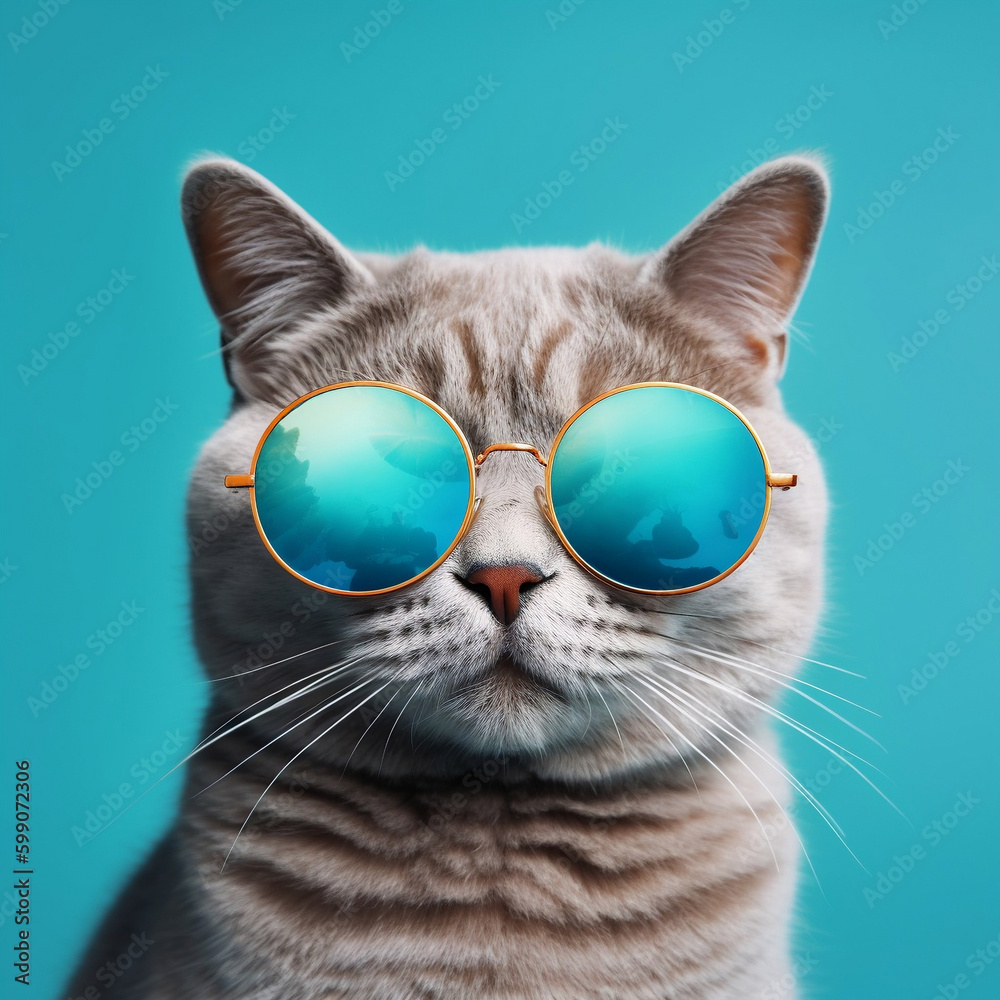 Fashion cat in sunglasses, blue background (generative AI)