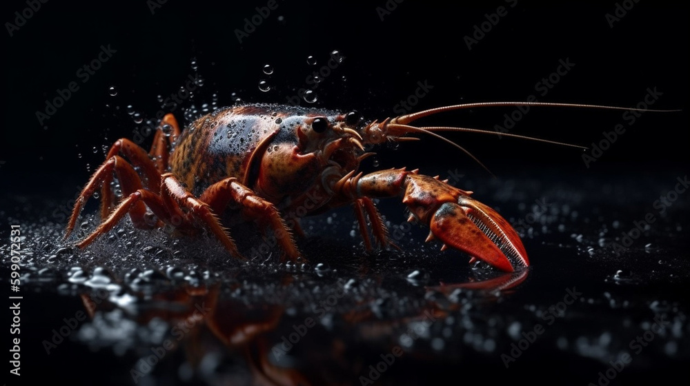Lobster on a black background with drops of water. Macro.generative ai