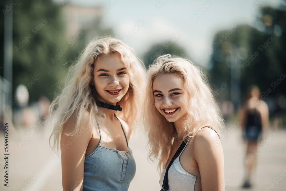 young adult women or teenage girls outside in summer, free time or summer vacation or weekend. Generative AI young adult women or teenage girls outside in summer, free time or summer vacation or weekend. Generative AI