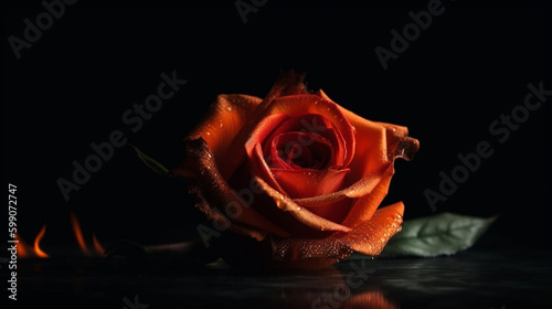 Beautiful orange rose with water drops on black background. generative ai
