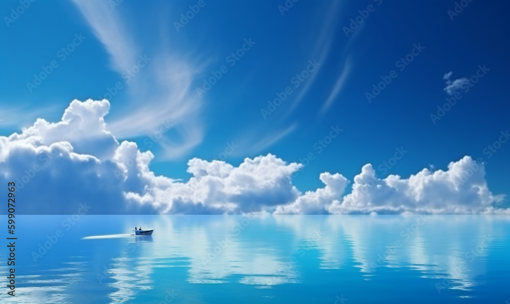 a blue ocean with clouds in the sky and a boat in the water on the ...