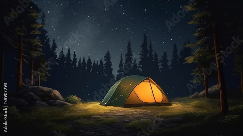 Camping tent in the forest at night.generative ai