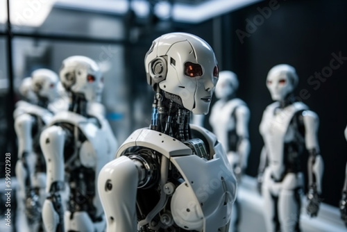 factory of humanoid androids with artificial intelligence robots on a conveyor belt, robotic production of autonomous humanoid androids with artificial intelligence. Generative AI
