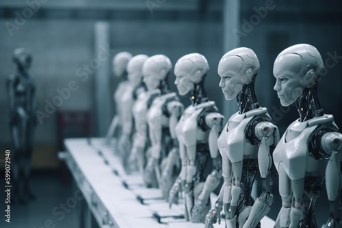 factory of humanoid androids with artificial intelligence robots on a conveyor belt, robotic production of autonomous humanoid androids with artificial intelligence. Generative AI