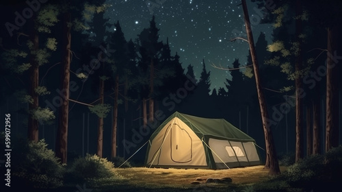 Camping tent in the forest at night.generative ai