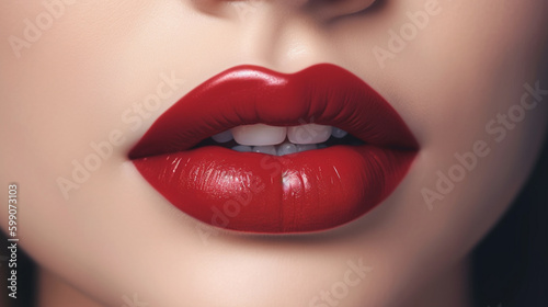 Closeup of beautiful female lips with red lipstick.generative ai