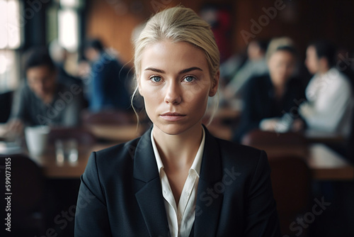 young adult blonde woman in a cafe or office or restaurant with crowd of people, nervous or tense facial expression. Generative AI photo