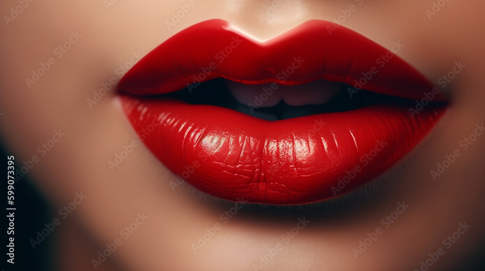 Closeup of beautiful female lips with red lipstick.generative ai