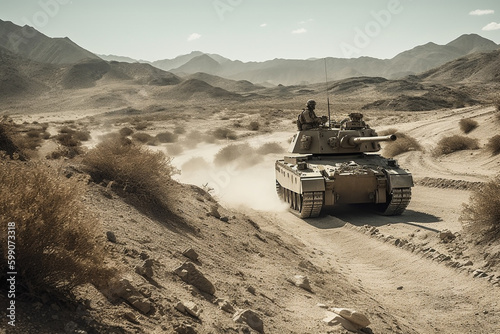 a soldier of a fictional army tank driving along a narrow path in a desert region. Generative AI
