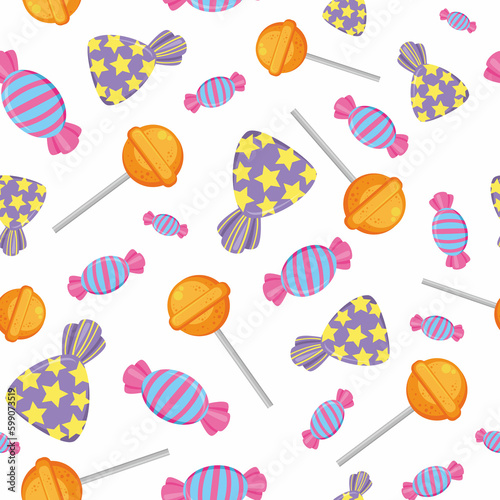 Pattern with colorful candies. Repeatable candy pattern on white background. Illustration of a seamless repeating pattern of colorful lollipops and candy.