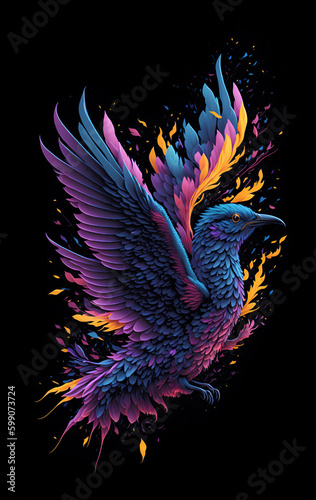 Colorful fire bird illustration isolated, Generative AI © Kamil Krawczyk