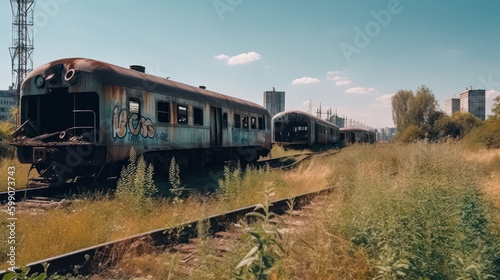 an abandoned train on an abandoned track overgrown with grass. Train crash. damaged cars on spare rails