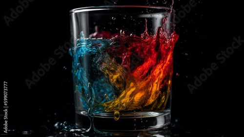 Colorful splashes in a glass of whiskey on a black background.generative ai