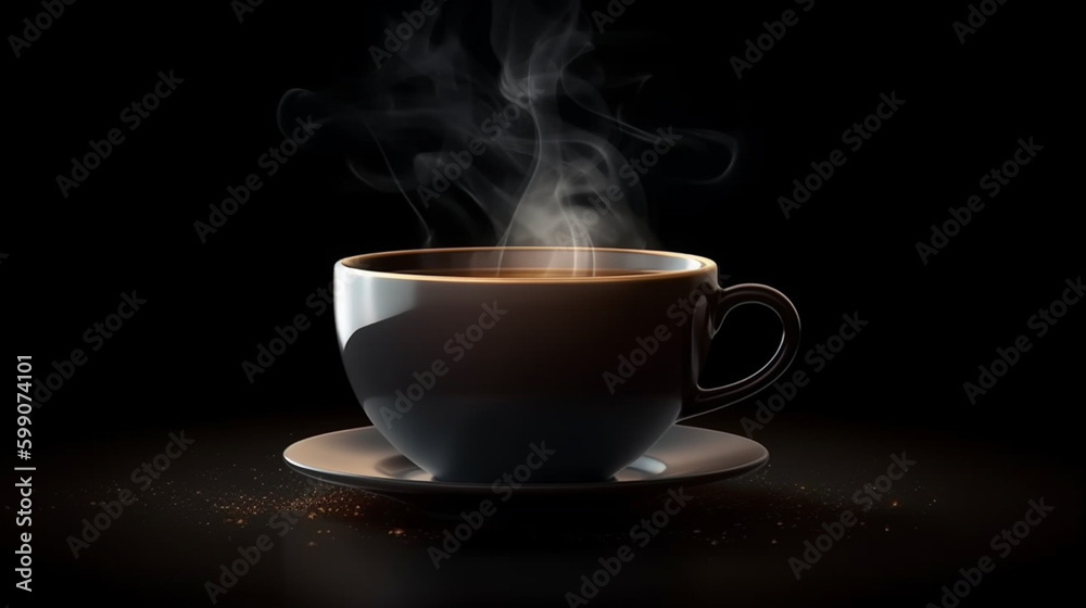 White cup of coffee on a black background with smoke.generative ai White cup of coffee on a black background with smoke.generative ai