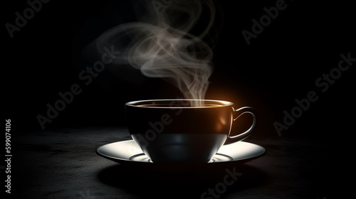 White cup of coffee on a black background with smoke.generative ai