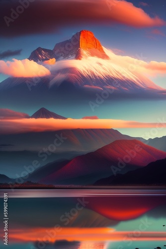 Generated AI sunset over the highest mountains