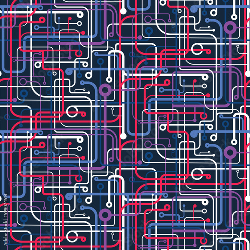 Seamless geometric pattern. Microcircuit structure with interlaced white, red, and blue lines on a black background. Graphic textile texture. Vector illustration for textile, wrapping, and packaging.