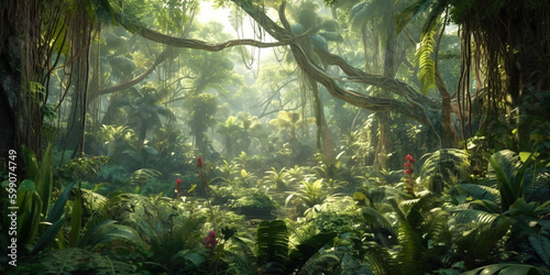 Landscape of dense jungle, panorama of tropical thick in deep forest, generative AI