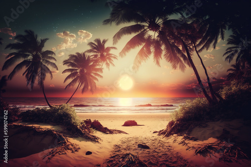 Sea beach at sunset, landscape with sand, palm trees and sky, generative AI