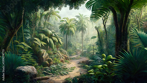 Path in wild jungle  deep tropical forest in painting stile  illustration  generative AI
