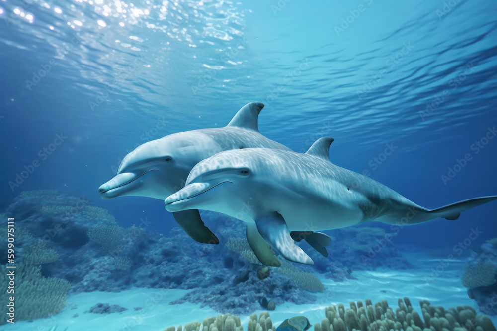 Naklejka premium Bottlenose dolphins playing in the turquoise waters of Australia on World Oceans Day. A mother and baby dolphin swim together in the vibrant coral reef ecosystem. AI Generative. Generative AI