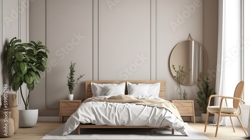 Mockup frame in bedroom interior background, Farmhouse style, 3d render. Generative Ai © hassanmim2021