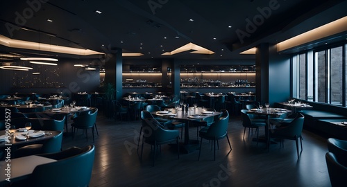 Tableau sur toile Photo of a cozy restaurant with blue furniture and low lighting