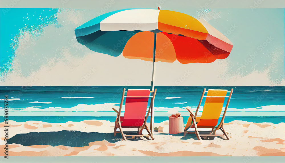 Vibrant Beach Panorama Illustration: White Sand, Chairs, Umbrella & Scenic Travel Tourism Background Generative AI