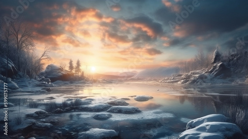Winter landscape with frozen river and forest on the horizon at sunrise.generative ai