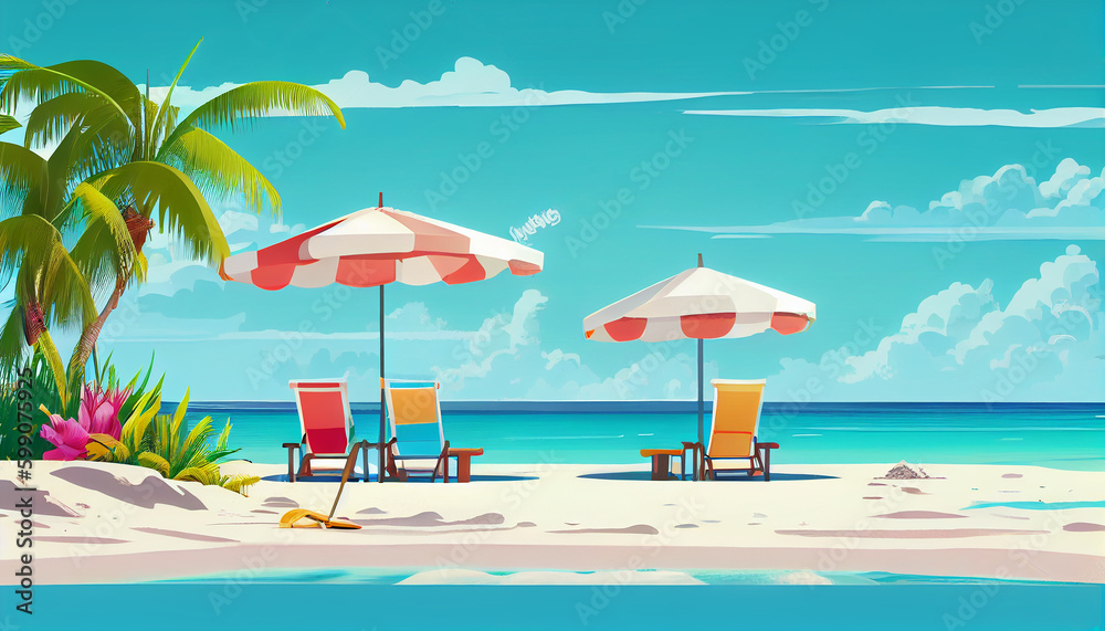 Vibrant Beach Panorama Illustration: White Sand, Chairs, Umbrella & Scenic Travel Tourism Background Generative AI