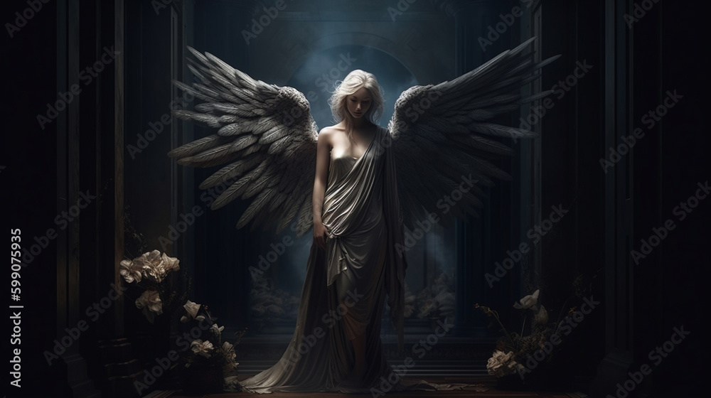 Beautiful young woman with angel wings in a dark room. Fantasy portrait.generative ai