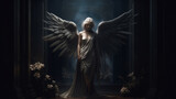 Beautiful young woman with angel wings in a dark room. Fantasy portrait.generative ai