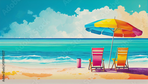 Vibrant Beach Panorama Illustration: White Sand, Chairs, Umbrella & Scenic Travel Tourism Background Generative AI © borisk.photos