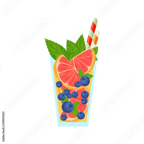 Grapefruit and Blueberry Mocktail with a Minty Twist. Vector cocktail Illustration in cartoon style.