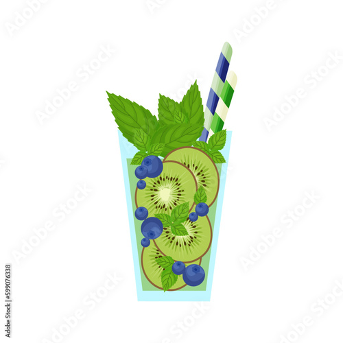 Colorful Kiwi Blueberry Mint Cocktail. Vector Illustration in a Whimsical Style. Mocktail in cartoon style isolated on a white background. Summer drink.