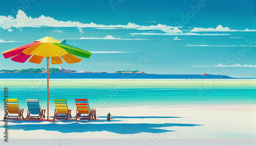 Vibrant Beach Panorama Illustration: White Sand, Chairs, Umbrella & Scenic Travel Tourism Background Generative AI © borisk.photos