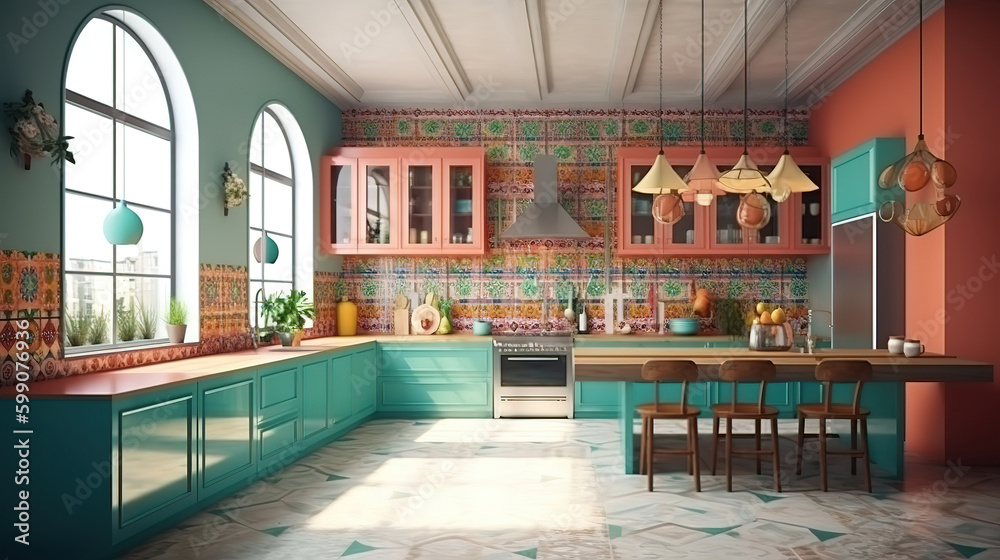 Ethnic kitchen interior, panoramic view, 3d render, Bright color. Generative Ai