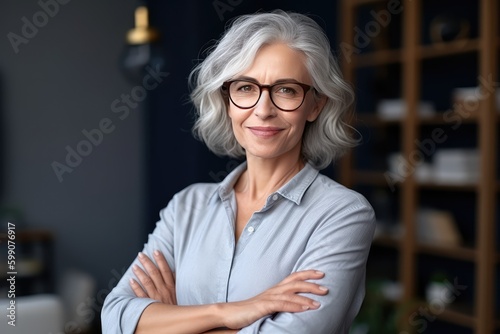 Smiling confident stylish mature middle aged woman standing at home office. Mature businesswoman, gray-haired lady executive business leader manager looking at camera arms crossed, generative AI