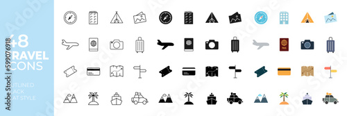 Set of 48 travel icons. Thin line, black and flat style. 