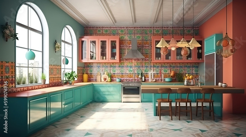 Ethnic kitchen interior, panoramic view, 3d render, Bright color. Generative Ai