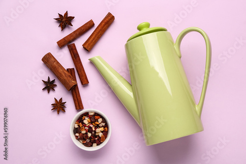 Green ceramic teapot with d...