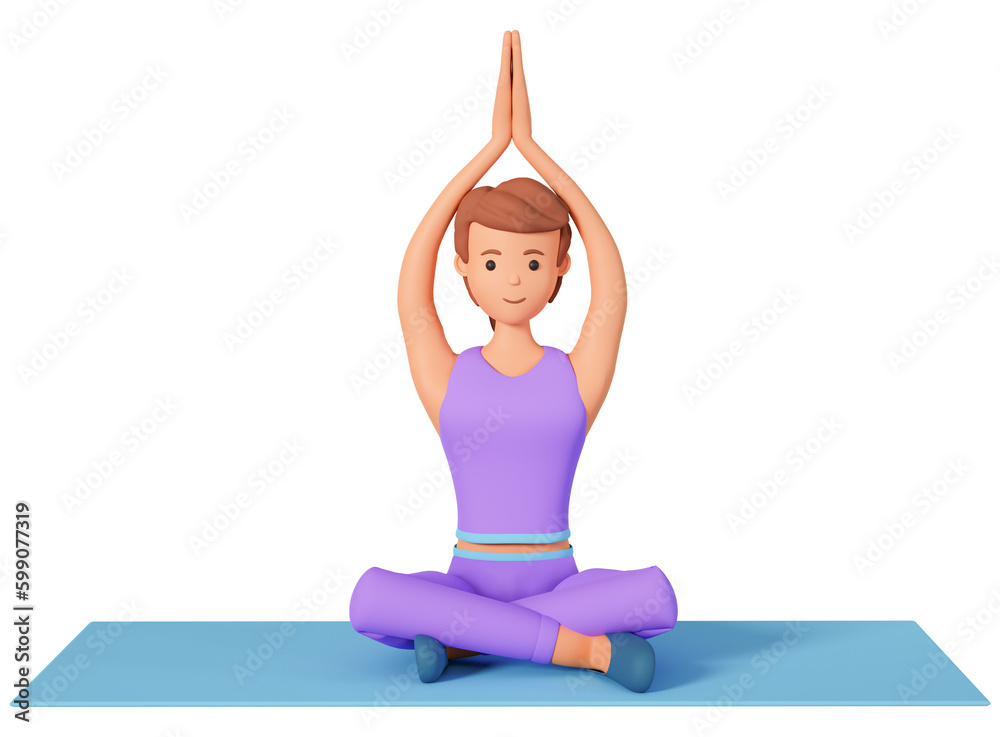 3d woman character sitting in lotus pose and doing yoga exercise on mat. Young woman doing relaxing yoga meditation exercise on mat 3d illustration 3d woman character sitting in lotus pose and doing yoga exercise on mat. Young woman doing relaxing yoga meditation exercise on mat 3d illustration