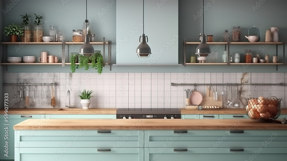 Wall mock up in kitchen interior background, Farmhouse style. Generative Ai Wall mock up in kitchen interior background, Farmhouse style. Generative Ai
