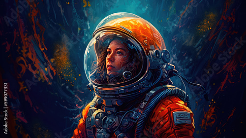 Woman astronaut on an alien planet, standing surrounded by flowers, in dark orange tones. In the style of spatial concept art. Generative AI
