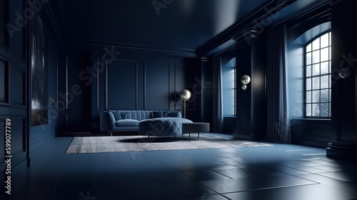 Dark blue home interior background  modern style  3d render  Bright color. Generative Ai