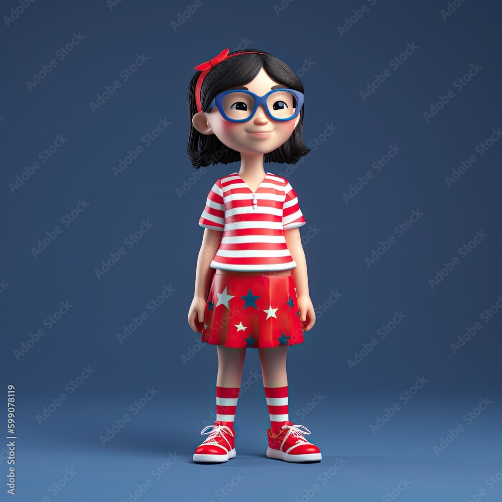 Cute Cartoon Girl Dressed in Red Striped Dress on a Blue Background (Generative AI) Cute Cartoon Girl Dressed in Red Striped Dress on a Blue Background (Generative AI)